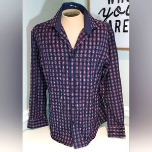 Bugatchi Blue with Multi Colored Squares Collared Long Sleeve Dress Shirt NWOT